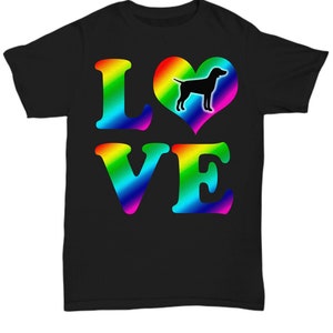 May include: Black t-shirt with a rainbow "LOVE" graphic. The "O" in LOVE is a rainbow heart with a black silhouette of a dog inside.