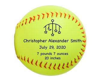 Personalized Softball Birth Announcement, Baby Girl, Baby Boy, New Dad Mom, Custom Nursery Gift, Engraved Softball, Father's & Mother's Day