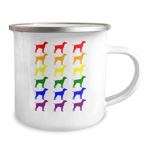 May include: White enamel mug with a rainbow pattern of dog silhouettes. The dogs are in red, orange, yellow, green, blue, and purple.