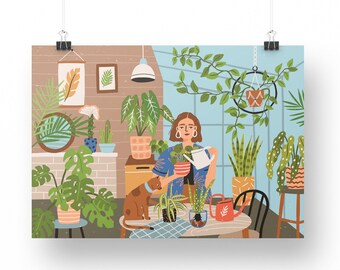 Illustrated postcard of a girl with a bouquet of flowers sitting on a staircase in a garden