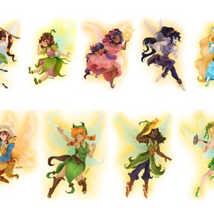May include: A digital illustration showcasing ten fairies, each with unique appearances and outfits. They are set against a glowing yellow backdrop, with translucent wings. The fairies are in dynamic poses, some holding objects such as a paintbrush or a flower, creating a whimsical scene.
