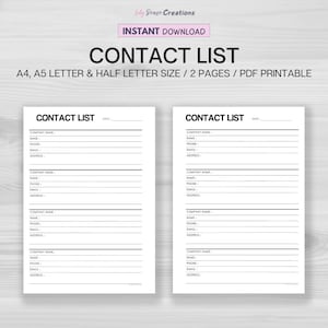 Printable Contact List, Address Book, Contact Organizer, Instant Download PDF, A4, A5, Letter & Half Letter Size, Contact Details Log