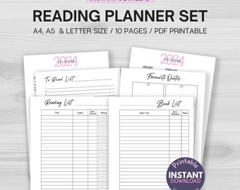 Book Reading Printable Planner, Reading List, Reading Wish List, Book Review Log, Reading Journal, Instant Download PDF