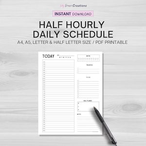 Half Hourly Daily Planner: Printable Schedule (PDF Printable)