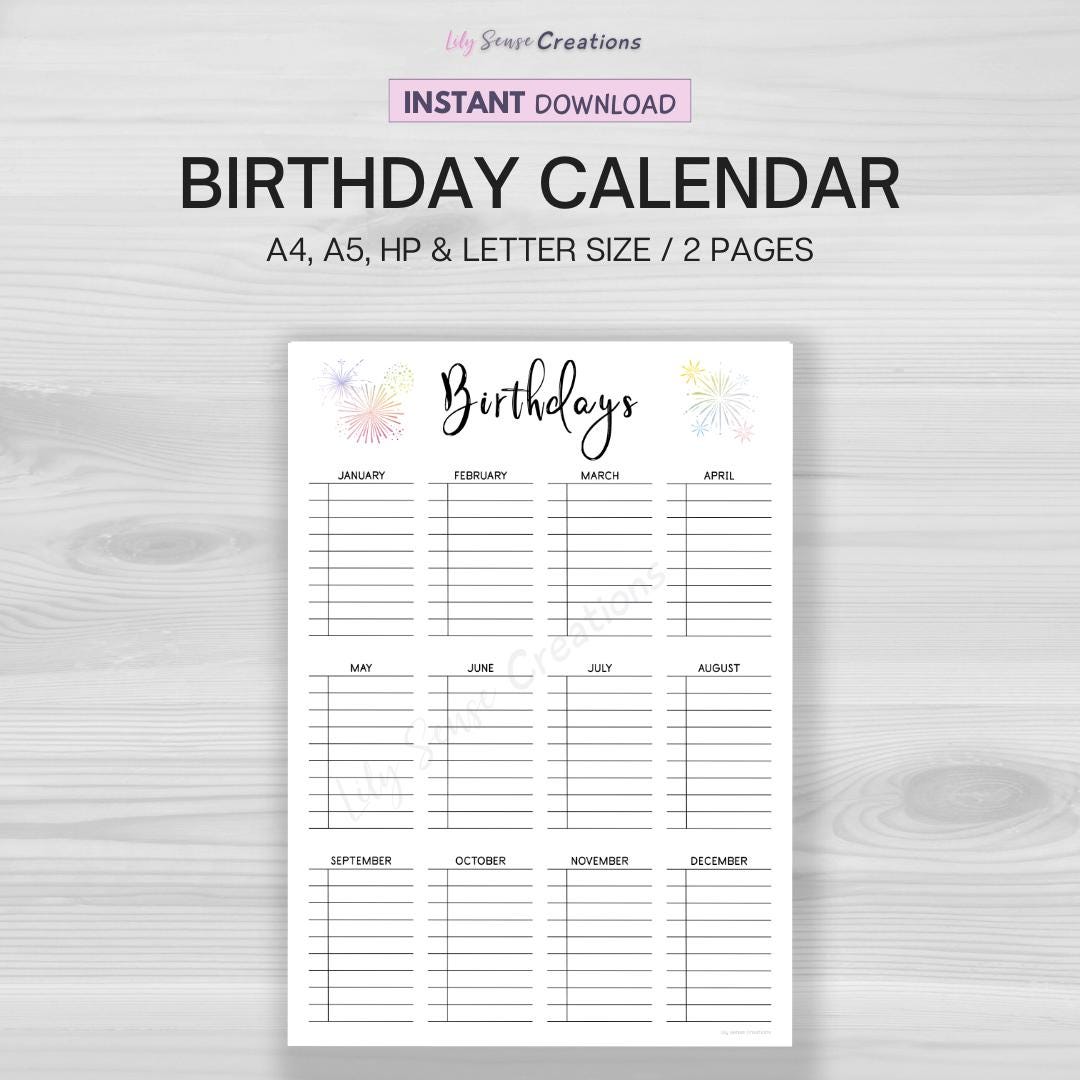 Printable Birthday Calendar, Birthday Tracker Template, Dates to ...