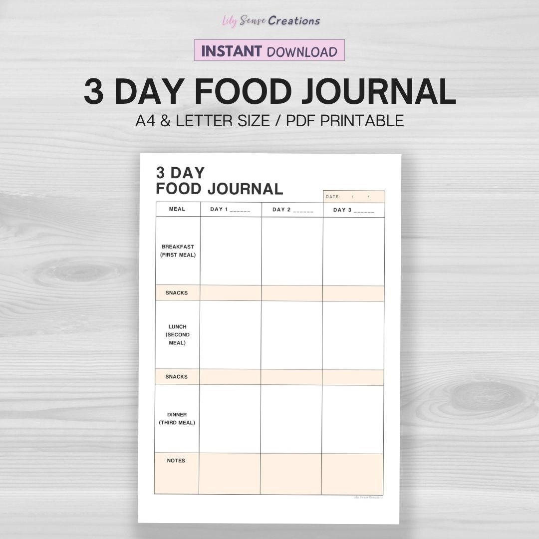 3 Day Food Journal Printable, Food Tracker, Food Log, Daily Food Diary
