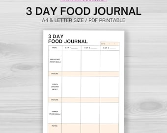Journal alimentaire de 3 jours imprimable, suivi alimentaire, journal alimentaire, journal alimentaire quotidien, suivi de l'alimentation, suivi des repas, santé et bien-être