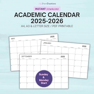 2025-2026 Academic Calendar, Landscape Format, Student Planner, Sunday & Monday Start, Monthly Planner, A4/A3/Letter Size