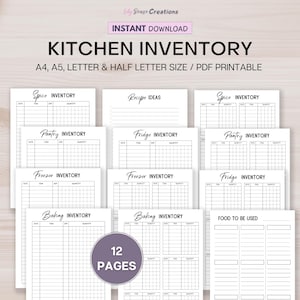 Printable Kitchen Inventory Tracker, Food Inventory, Pantry Inventory, Freezer Inventory, Fridge Inventory, Food List, Instant Download PDF