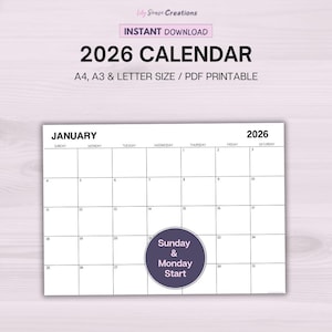 2026 Calendar, Printable 2026 Monthly Planner, Landscape Minimal Wall Calendar, Monday & Sunday Start, A4/A3/Letter, Instant Download PDF
