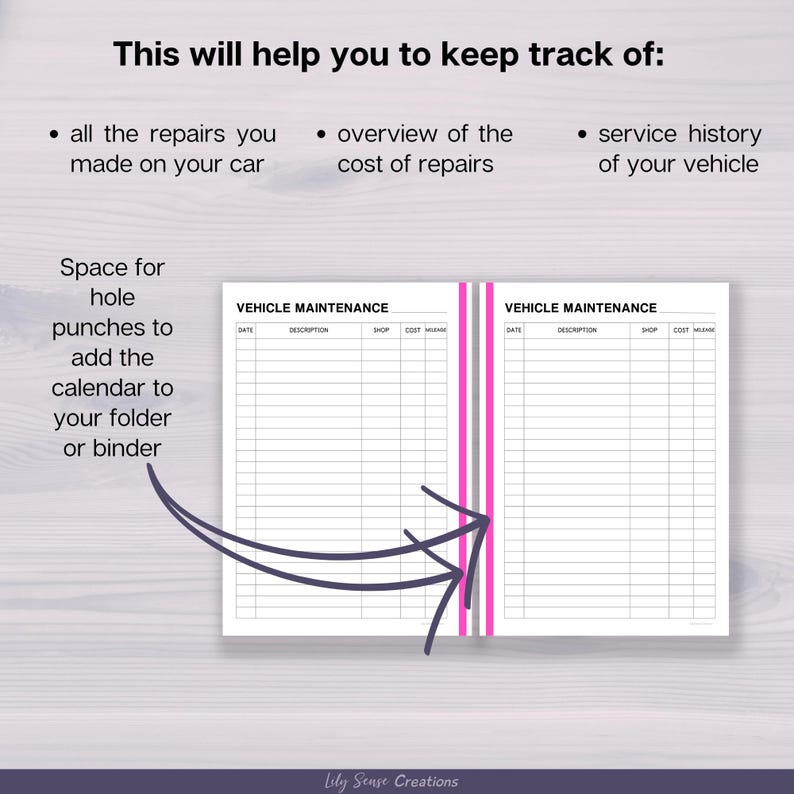 May include: Two white vehicle maintenance log sheets with black text and pink vertical stripes. The headers include date, description, shop, cost, and mileage. Text reads: This will help you to keep track of: all the repairs you made on your car, overview of the cost of repairs, service history of your vehicle, and space for hole punches to add the calendar to your folder or binder.