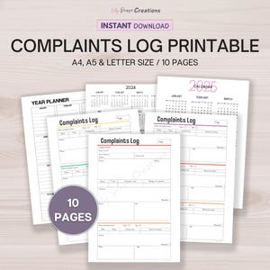 Printable Complaints Log, Complaints Template Set, Track Complaint Procedures And Document Information, Instant Download PDF