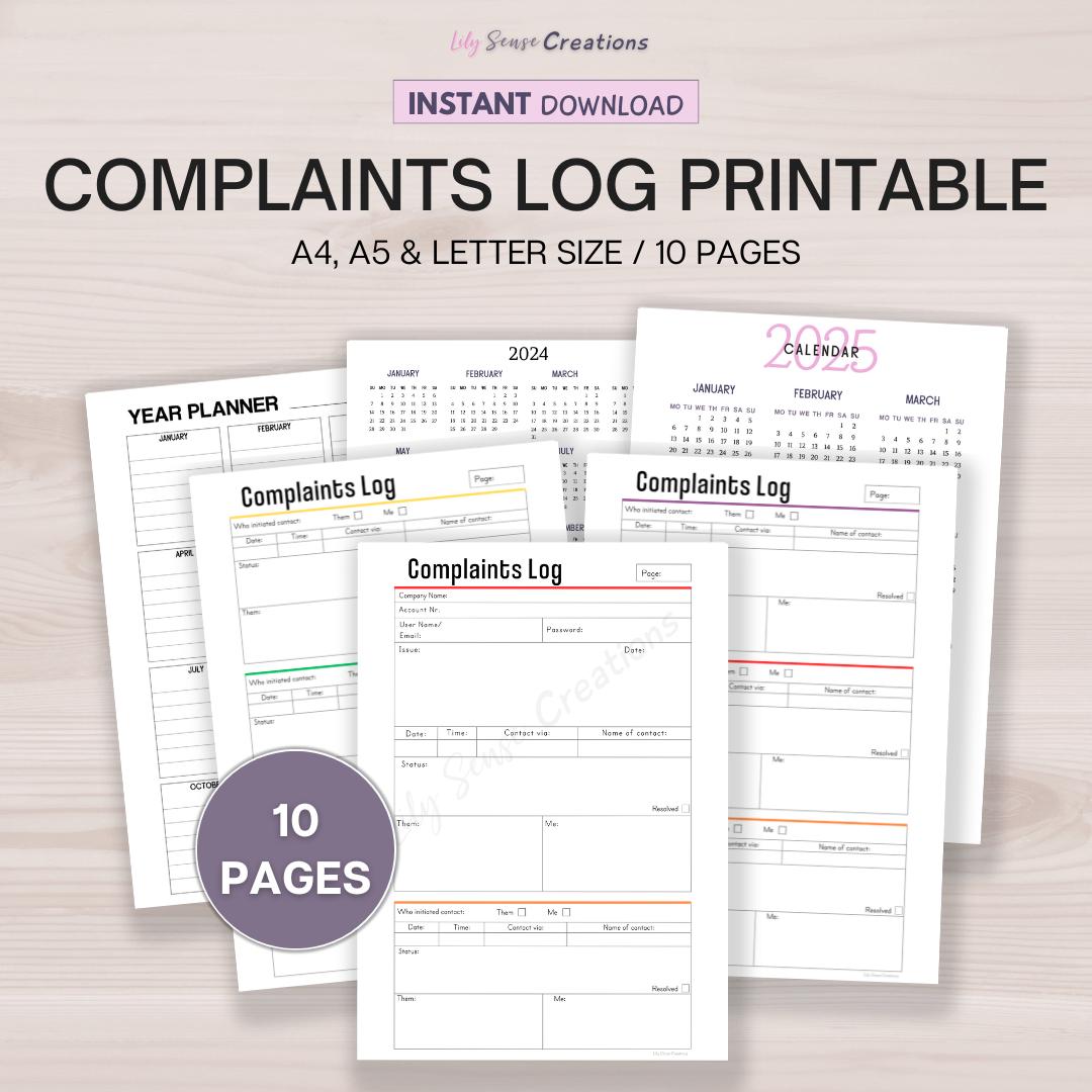 Printable Complaints Log, Complaints Template Set, Track Complaint ...