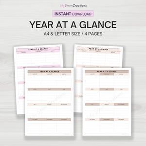Year At A Glance Planner Printable, Two Page Yearly Planner, 12 Month Overview, Yearly Goal Setting, Minimalist Planner,Instant Download PDF