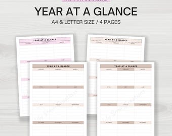 Year At A Glance Planner Printable, Two Page Yearly Planner, 12 Month Overview, Yearly Goal Setting, Minimalist Planner,Instant Download PDF