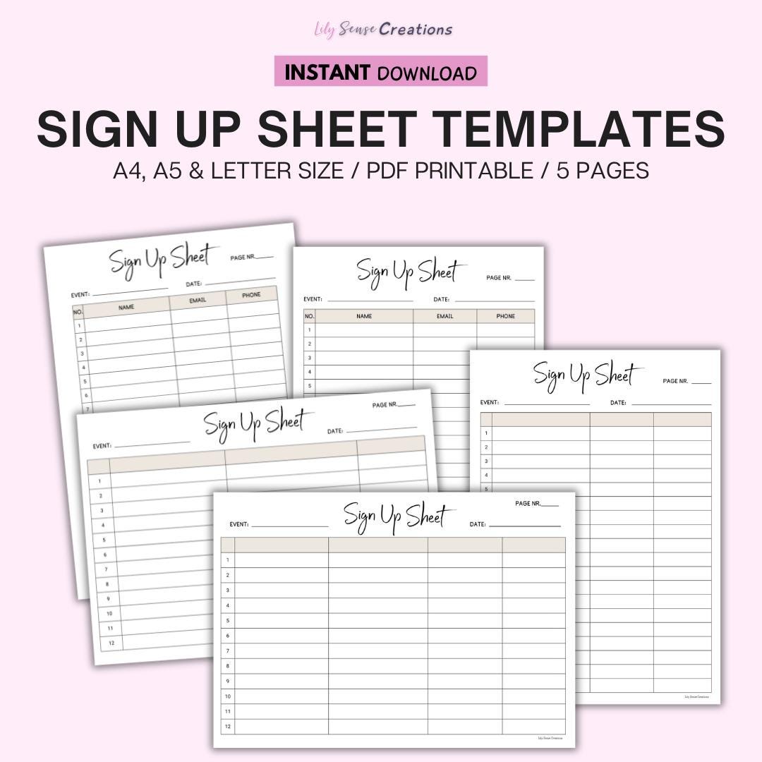 Printable Event Sign up Sheet Template, Printable Sign up Form, Event ...