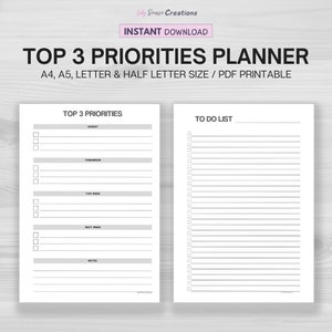 Top 3 Priorities Printable Planner, Task Organiser, Task Planner, To Do List,  PDF Printable, Productivity Planner, Instant Download
