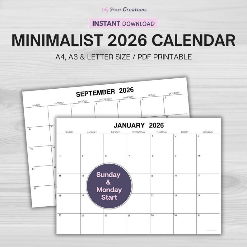 Minimalist Printable 2026 Calendar, Monthly Planner, 12 Month Calendar ...