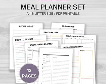 Meal Planning Printable Bundle, Meal Prep, Menu Planner, Recipe & Grocery List PDF,  Go To Meals, Instant Digital Download