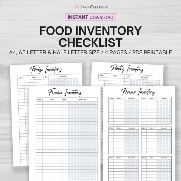 Food Inventory Checklist, Kitchen Inventory, Fridge Inventory, Freezer Inventory, Instant Download, PDF Printable, Pantry Checklist  A1