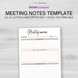 Meeting Notes Template, Printable Business Meeting Agenda, Minutes For Meeting, Instant Download PDF, Meeting Organizer, Meeting Planner