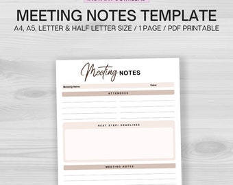 Meeting Notes Template, Printable Business Meeting Agenda, Minutes For Meeting, Instant Download PDF, Meeting Organizer, Meeting Planner