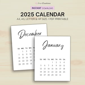 Calendario mensual imprimible 2025, calendario mensual con fuente grande, A4, A5, carta, media carta, calendario vertical, minimalista, descarga instantánea