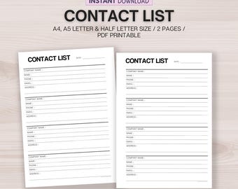 Printable Contact List, Address Book, Contact Organizer, Instant Download PDF, A4, A5, Letter & Half Letter Size