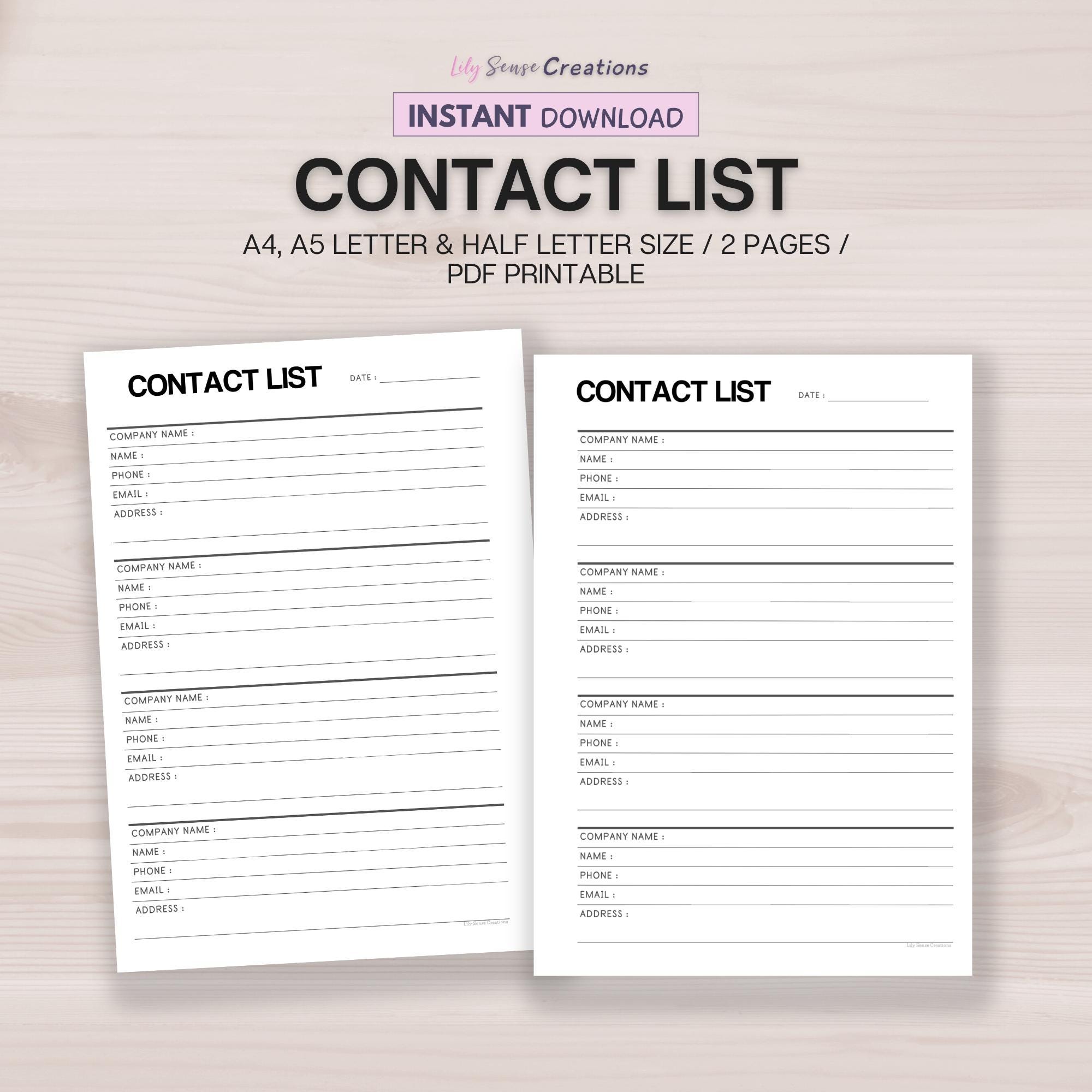 Printable Contact List, Address Book, Contact Organizer, Instant ...