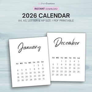 2026 Monthly Calendar Printable, Large Font Monthly Calendar, A4, A5, Letter, HP Size, Portrait Calendar, Minimalist, Instant Download