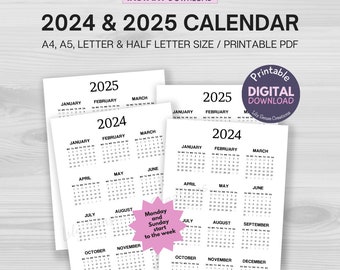 2024-2025 Calendar, Printable 2024 Calendar on One Page, Instant Download, A4, A5, Letter & Half Letter Size, Printable Calendar PDF