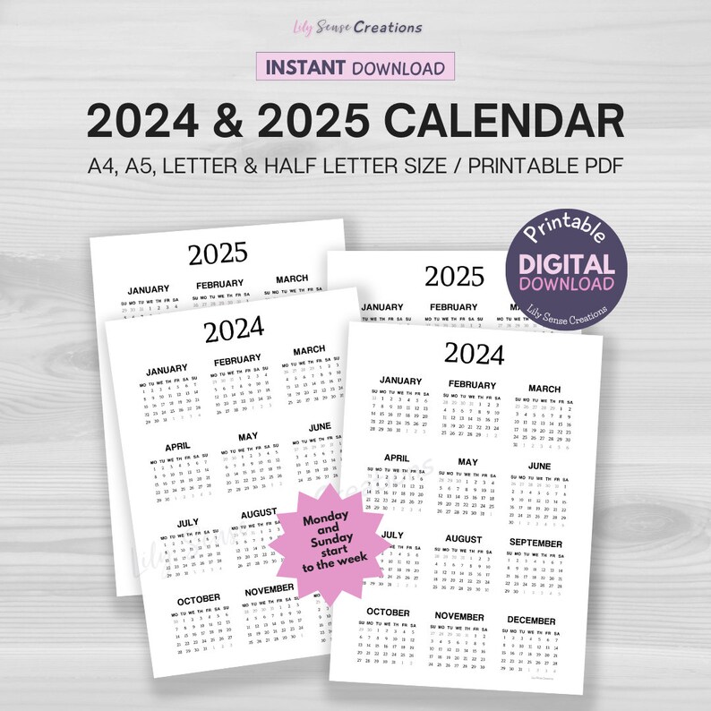 2024-2025 Calendar, Printable 2024 Calendar on One Page, Instant ...