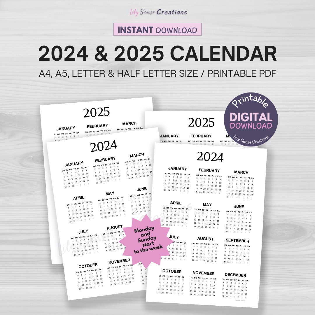 2024-2025 Calendar, Printable 2024 Calendar on One Page, Instant ...