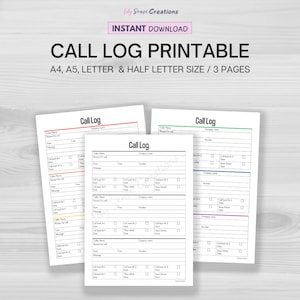 Registro de llamadas imprimible, rastreador de devolución de llamadas, plantilla de llamadas perdidas, registro de comunicaciones, descarga instantánea, PDF de tamaño A4, A5, carta y media letra
