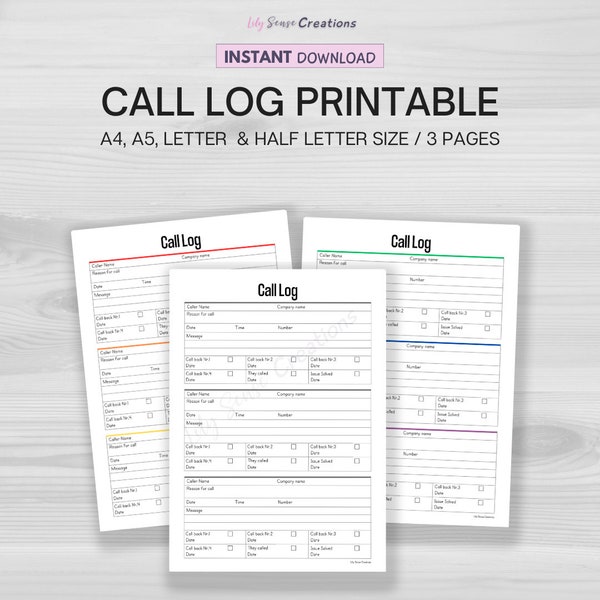 Printable Call Log, Call Back Tracker, Missed Call Template, Communication Log, Instant Download, A4, A5, Letter & Half Letter Size PDF