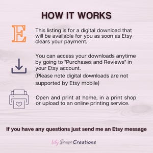 May include: An informational graphic titled HOW IT WORKS with icons for an Etsy logo, a download arrow, and a printer. The text explains the digital download process, printing options, and contact instructions for Lily Sense Creations.