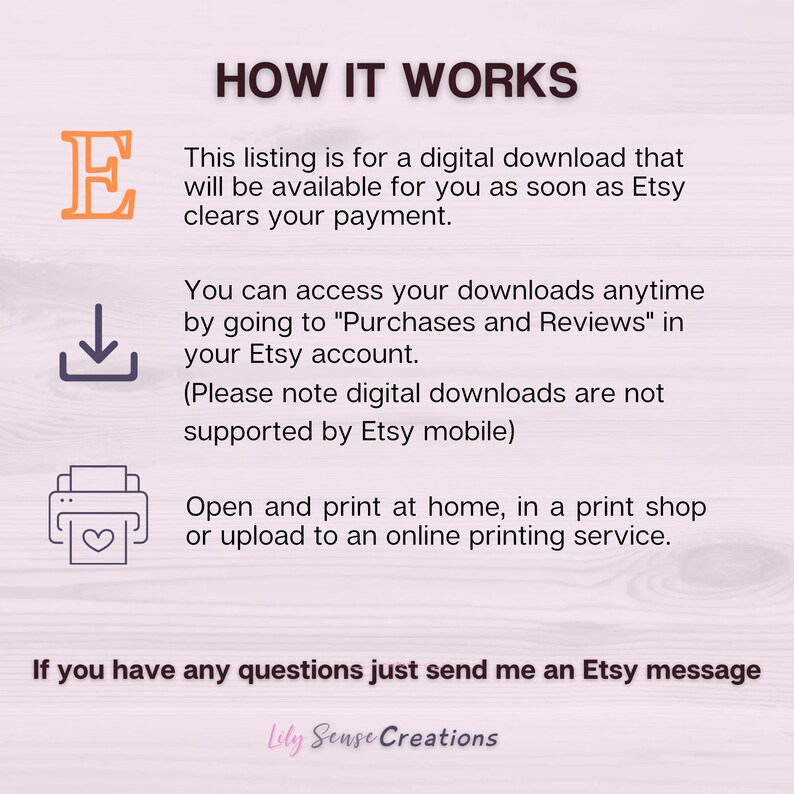 May include: An informational graphic titled HOW IT WORKS with icons for an Etsy logo, a download arrow, and a printer. The text explains the digital download process, printing options, and contact instructions for Lily Sense Creations.