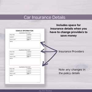 May include: A white printable document titled Car Insurance Details with three sections for Vehicle Information and Insurance Provider data including fields for policy number, company, contact, website, cost, renewal date, and notes, with arrows pointing to sections.