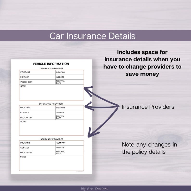 May include: A white printable document titled Car Insurance Details with three sections for Vehicle Information and Insurance Provider data including fields for policy number, company, contact, website, cost, renewal date, and notes, with arrows pointing to sections.