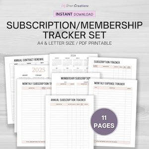 Subscription & Membership Tracker Set, Printable Subscription Checklist, Expense Tracker, Membership Checklist, Instant Download PDF,