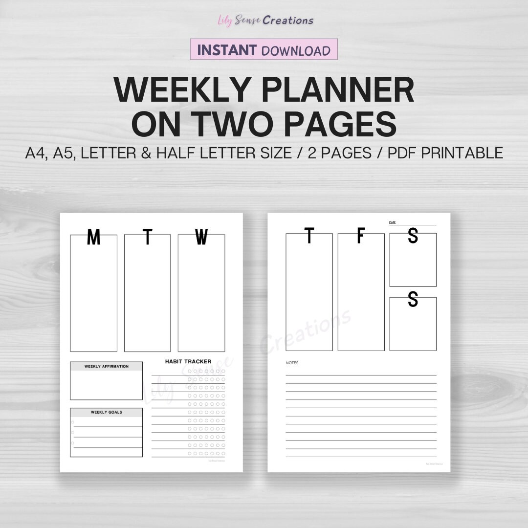 Week on 2 Pages, Printable Weekly Planner, Week at A Glance, Weekly to ...