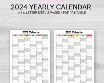 2024 Calendar on Two Pages, Printable 2024 Calendar, Yearly Overview Planner,  Minimalist Calendar, Instant Download - Etsy