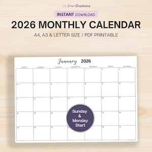 2026 Monthly Calendar, Printable 2026 Monthly Planner, Landscape Calendar, Monday & Sunday Start, A4/A3/Letter, Instant Download PDF