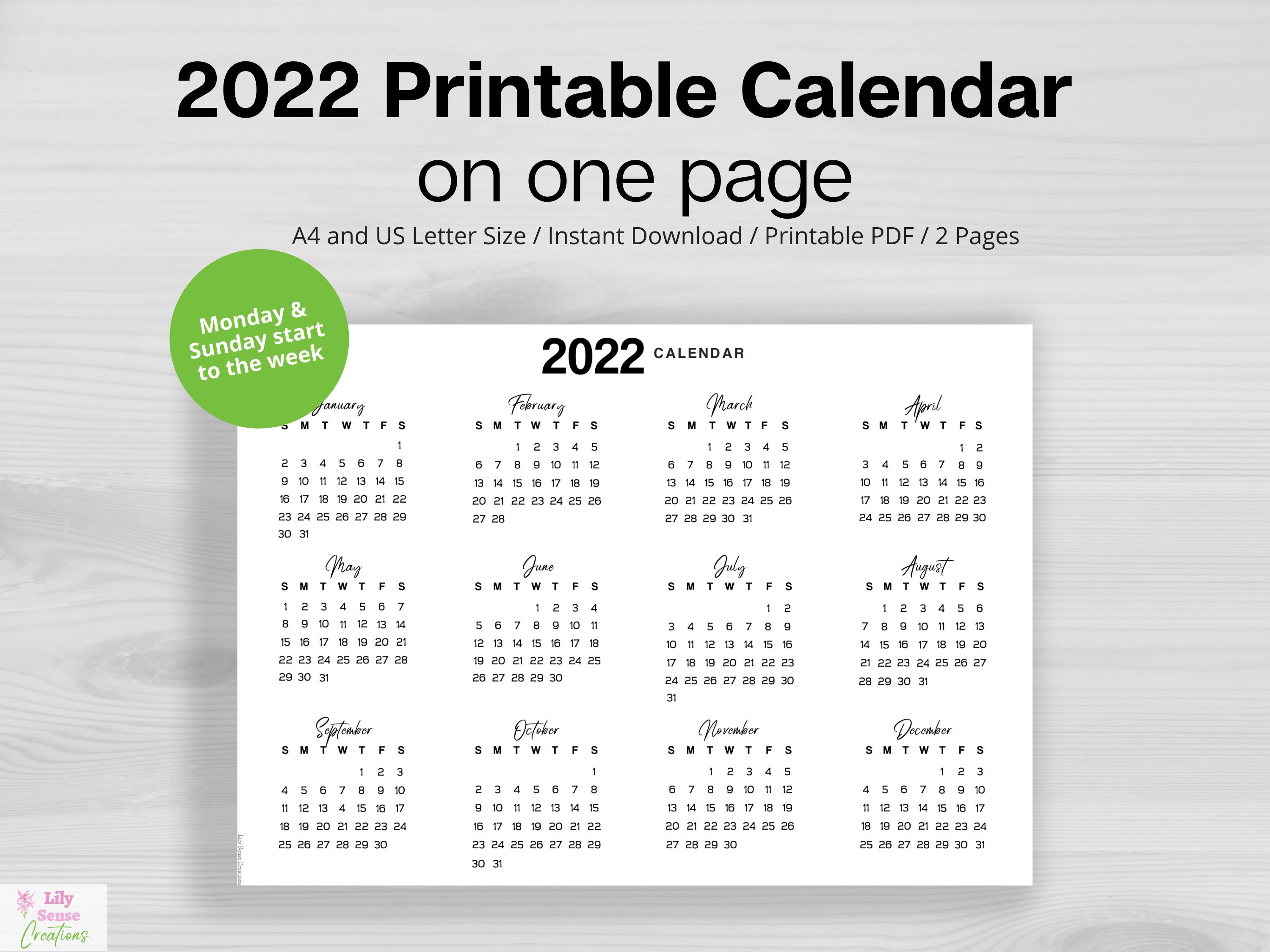 2022 calendar on one page landscape calendar year at a etsy