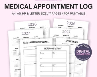 Medical Appointment Printable Log, Appointment Tracker, Doctor Contact List, Medical Organizer, Instant Download PDF