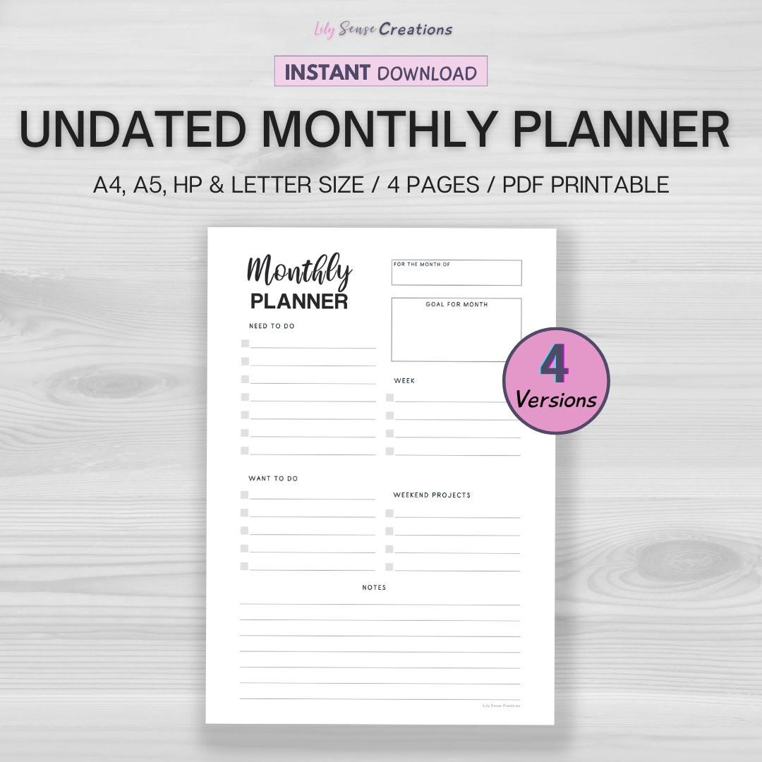 Undated Monthly Planner Printable, Monthly Overview, Month at A Glance ...