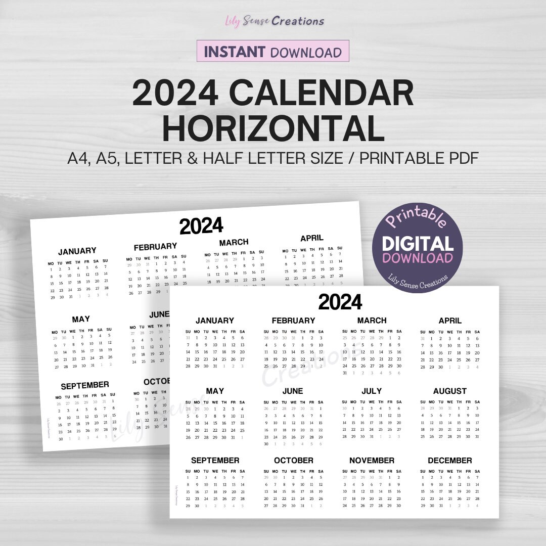 2024 Calendar Printable, 2024 Landscape Calendar on One Page
