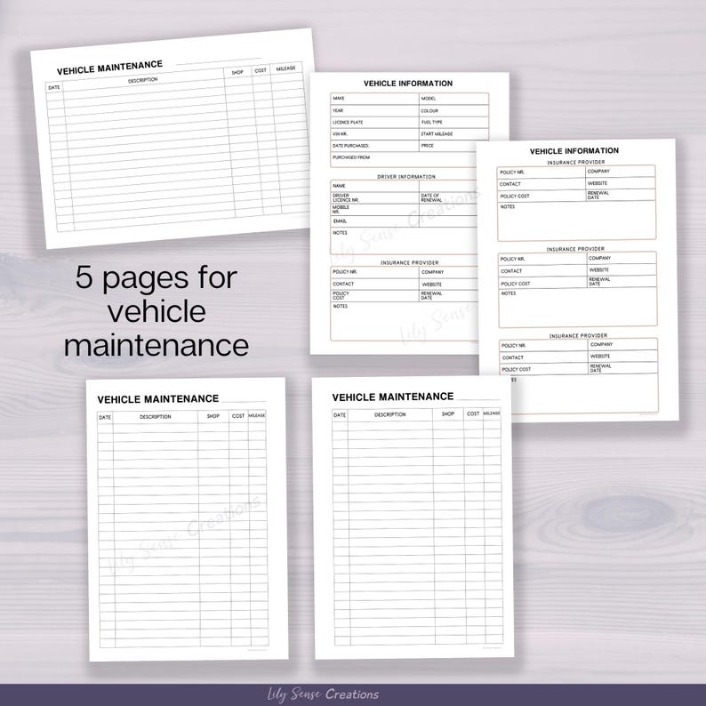 May include: A set of five printable vehicle maintenance and information log pages. The documents feature black text on white paper with headers including Vehicle Maintenance, Vehicle Information, Driver Information, and Insurance Provider details.