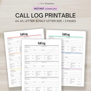 Peut inclure: Un ensemble de journaux d'appels imprimables numériques comprenant trois pages avec des sections pour le nom de l'appelant, l'entreprise, le motif, la date, l'heure, le numéro et des cases à cocher. Le texte inclut Lily Sense Creations et Call Log.