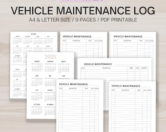 Vehicle Maintenance Log, Vehicle Maintenance Planner, Car Service History, Printable Vehicle Maintenance Checklist, Instant Download PDF
